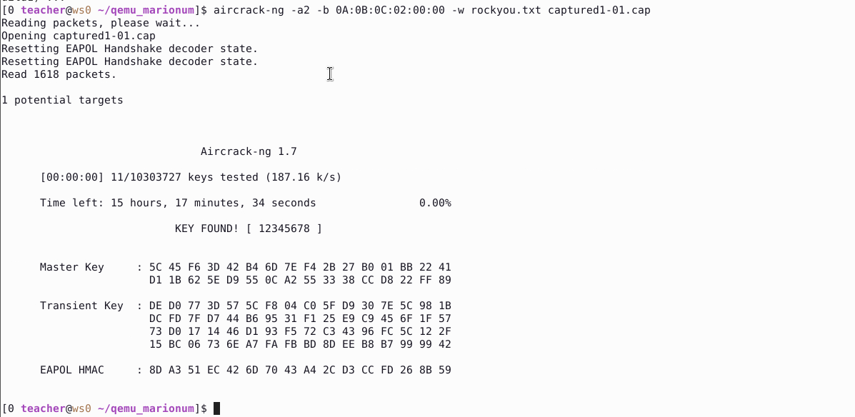 Résultat de aircrack-ng après tentative de récupération de la PSK